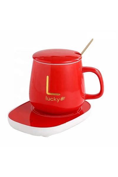 ABYZ Ceramic heated mug set, 350ml, elegant design with gold 'Lucky' lettering and vibrant red