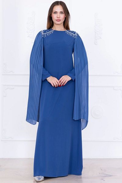 lodmela Rochie pelerină cu detaliu de broderie pe umăr 1017-Indigo