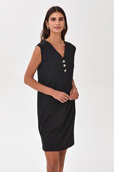 İKİLER V Yaka Önü Düğme Detaylı Elbise 025-2516
