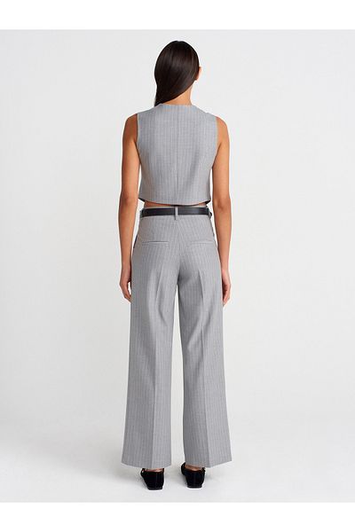 Dilvin 71620 Belted and Wide Leg Fabric Trousers-Grey