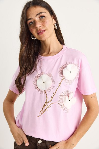 Bianco Lucci Women's Crew Neck Short Sleeve T-Shirt with Embroidered Embossing Accessories 60602024