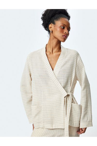 Koton Long sleeve tie detail pocketed striped envelop kimono.