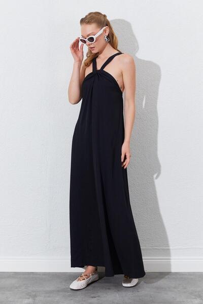 TENA Γυναικείο μαύρο αμάνικο φόρεμα με λεπτομέρεια με κόμπο στο μπροστινό μέρος