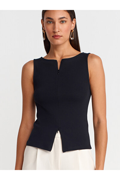 Dilvin 31764 Zipper Detailed Top-Black