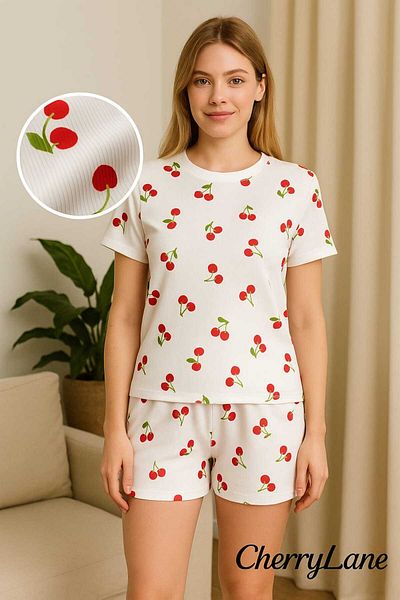 Cherry Lane Women's Cherry Print Short Sleeve T-Shirt and Shorts Set –Camisole Home Wear