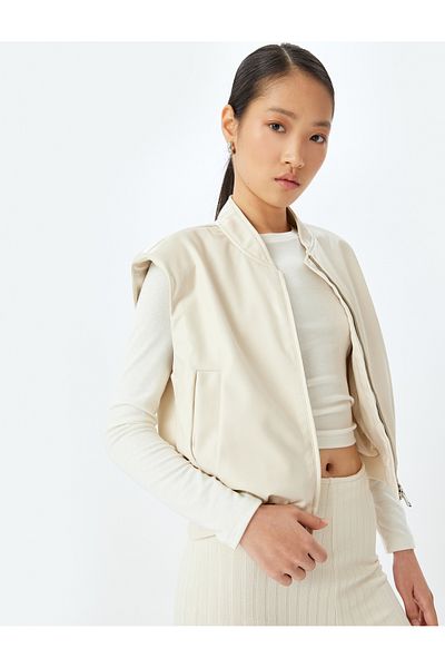 Koton Zippered Crop Sleeveless Faux Leather Jacket with Pockets