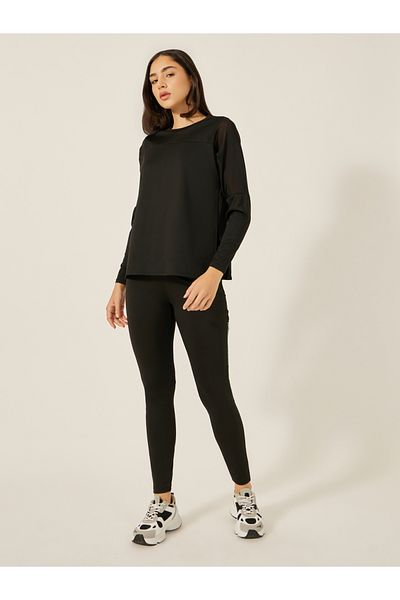 Styli Mesh Insert Side Slit Long Sleeve Top