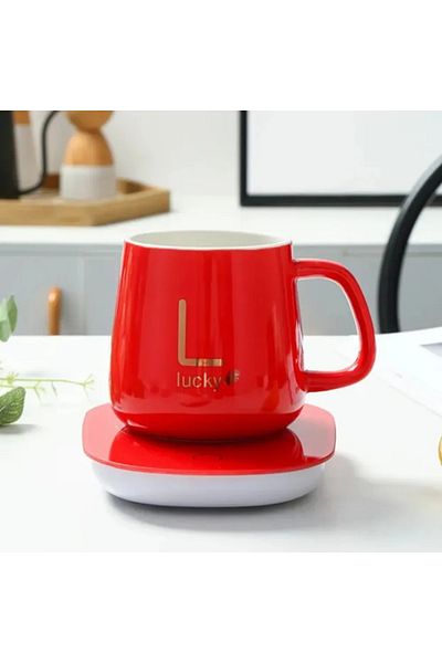 ABYZ Ceramic heated mug set, 350ml, elegant design with gold 'Lucky' lettering and vibrant red