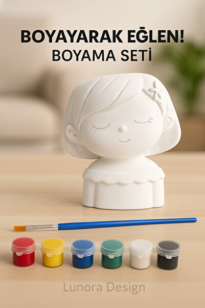Lunora Design Kız Figürlü Dekoratif Saksı Boyama Seti – 6 Renk Boya + Fırça | Lunora Design