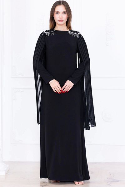 lodmela Shoulder Embroidery Detailed Cape Dress 1017-Black