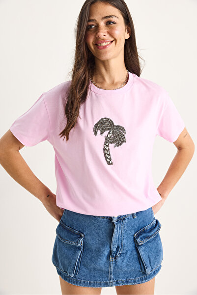 Bianco Lucci Γυναικείο μπλουζάκι 100% βαμβακερό Crew Neck με αξεσουάρ Palm Stone Comfortable Fit T-Shirt 60602067