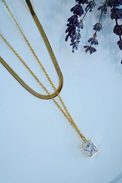 CEKAVE Baguette Stone Gold Color Italian Bean Chain Women's Steel Necklace -