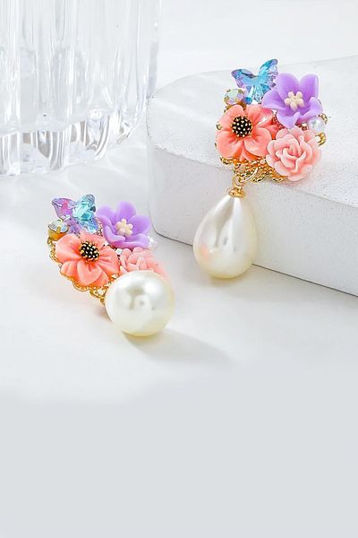 New Obsessions Elegant Enamel Flower Pearl Dangle Earrings