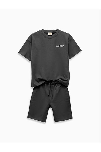 Koton Cotton Crew Neck Short Sleeve Embroidered Top with Lace-Up Waist Shorts Set of Two