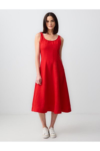 Jimmy Key Red 100% Linen U Neck Sleeveless Midi Dress