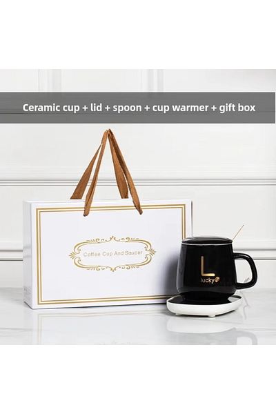ABYZ Ceramic heated mug set, 350ml, elegant design with gold 'Lucky' lettering and black