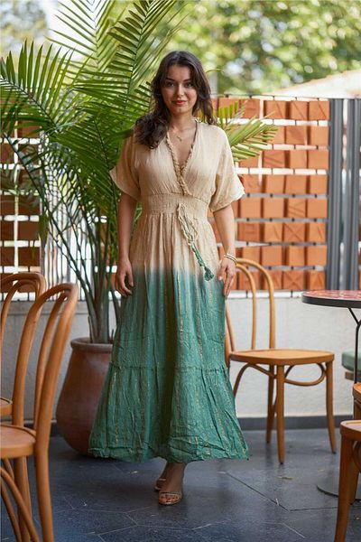 Miss Boheme Green Color Sequin Detailed V-Neck Italian Dress