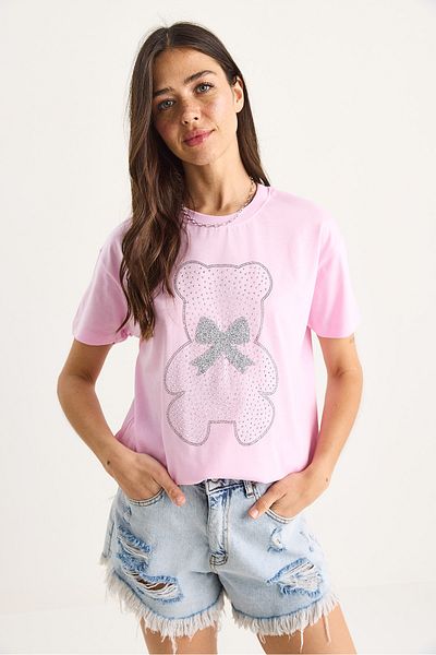 Bianco Lucci Women's Teddy Ribbon Detailed Stone T-Shirt 60602035