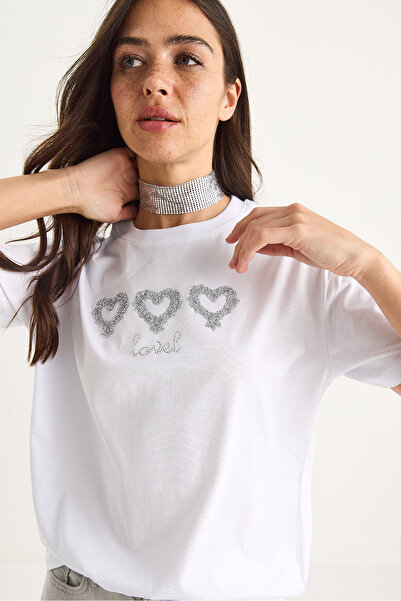 Bianco Lucci Γυναικείο αξεσουάρ Stoned Heart Regular Fit βαμβακερό μπλουζάκι 60602069