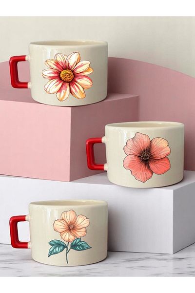 lili hediyelik Flower Printed 3-Piece Coffee Cup Ceramic Gift Mug Cup