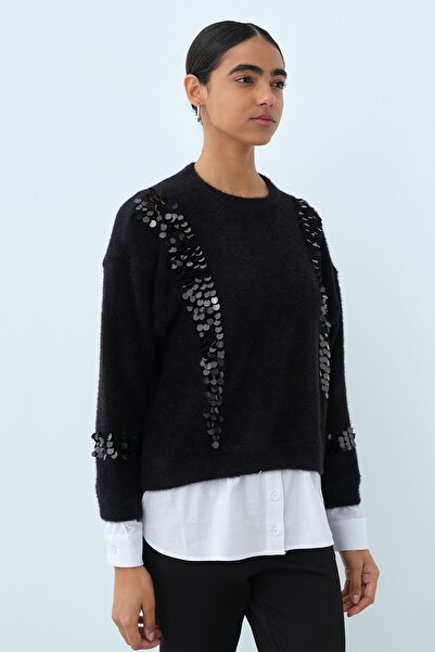 Nihan Pullu Gömlek Garni Angora Tunik Siyah