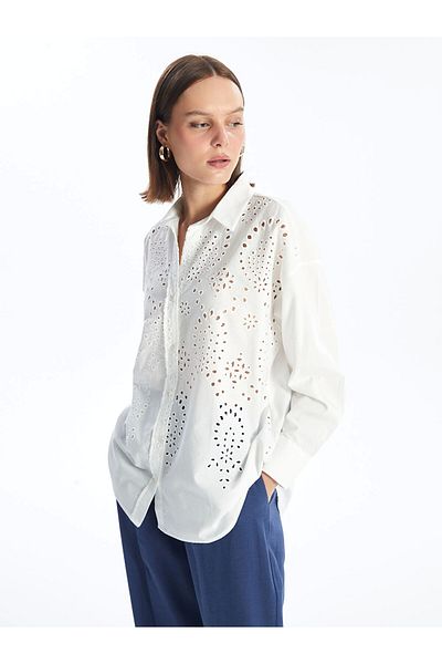 LC Waikiki Γυναικείο πουκάμισο με μακρυμάνικο oversize LCW Vision White με μοτίβο
