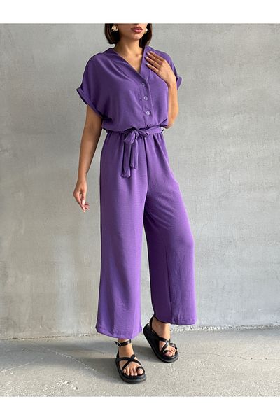 BEJNA Women's Lilac Button Detailed Belted Jumpsuit