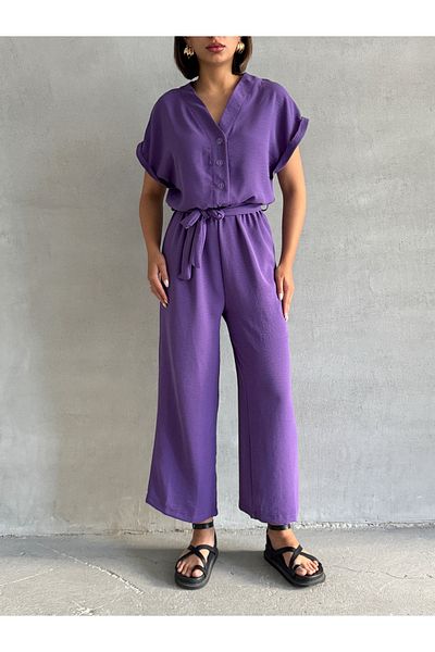BEJNA Women's Lilac Button Detailed Belted Jumpsuit