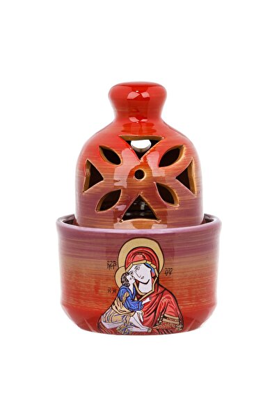 OEM Ceramic Candle, Model Saint Mary with Baby, Glass Holder, Perforated Lid, Red