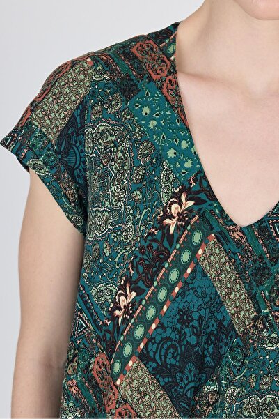 Rays Yeşil Etnik Desenli V Yaka Kısa Kollu Midi Elbise 200