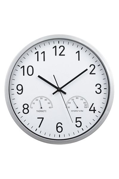 SyaMAG Wall Clock with Weather Station, Silver, Diameter 34cm, Glass and Plastic