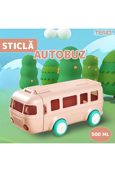 Teno Sticla de Apa pentru Copii Teno®, jucarie autobuz, fara BPA, roz