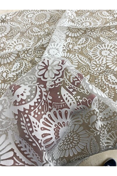 METERİAL Beyaz Çiçek Desenli Şeffaf Organze Dantel Kumaş – 140 cm En Yakma