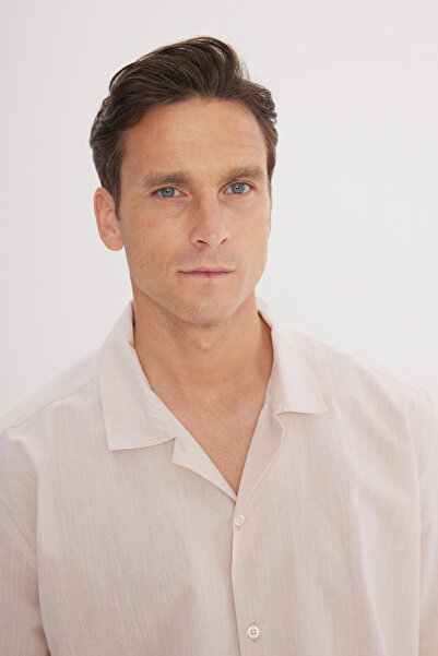 AC&Co / Altınyıldız Classics Men's Beige Cotton Linen Oversize Fit Loose Cut Hawaiian Collar Shirt