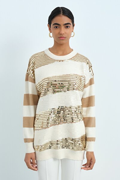 Nihan Önü Payetli Triko Tunik Bej