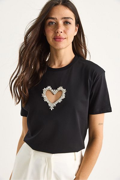Bianco Lucci Women's Stoned Heart Window Cotton T-Shirt 60602073