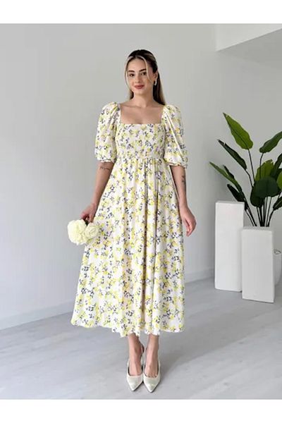 Lusin Women's Lemon Patterned Gipeli Lined Summer Midi Dress