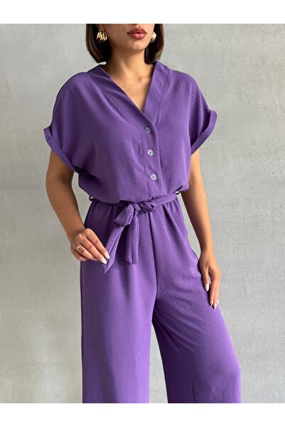 BEJNA Women's Lilac Button Detailed Belted Jumpsuit