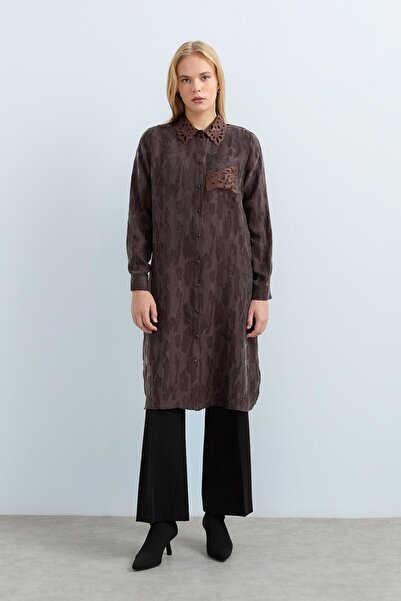 Nihan Yakası Deri Viskon Tunik Kahve