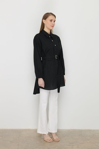 Nihan Asymmetrical Cotton Tunic with Belt Black