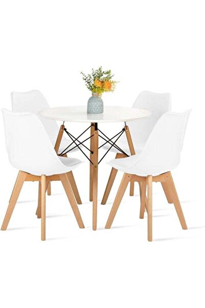 Taimi 5-Piece Dining Set, Solid Wood Table 80x80x72cm With Elegant 4-White Chairs Soft Padded Seats