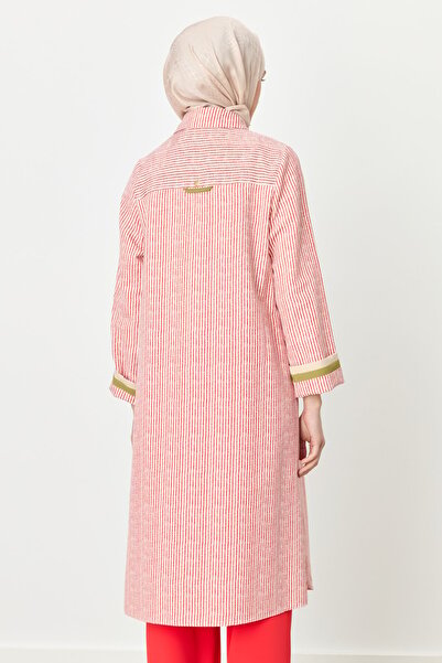 Nihan Gömlek Yaka Çizgili Keten Tunik Mercan