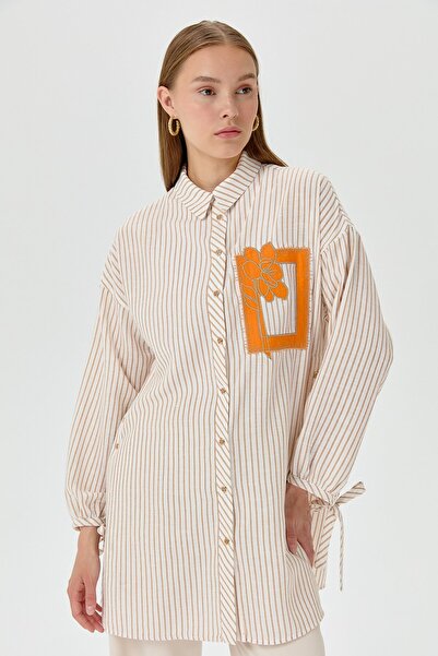 Nihan Nakış Detaylı Kolları Bağlamalı Gömlek Tunik Bej