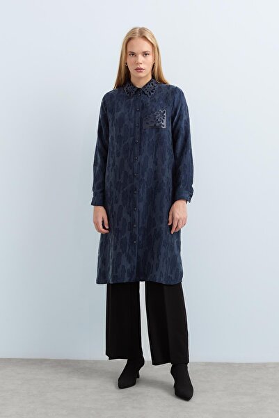 Nihan Yakası Deri Viskon Tunik Lacivert