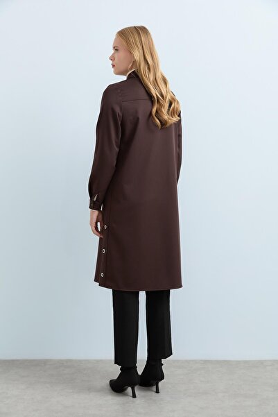 Nihan Kuşgözü Detaylı Gömlek Yaka Tunik Kahve