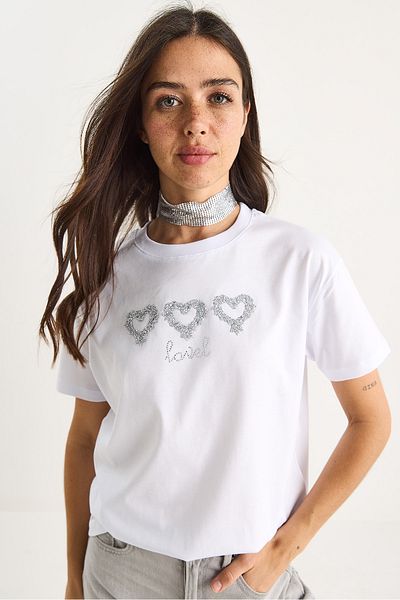 Bianco Lucci Women's Stone Heart Accessory Regular Fit Cotton T-Shirt 60602069