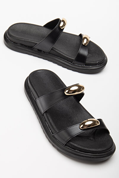 Tonny Black Kadın Siyah Çift Bantlı Toka Detaylı Terlik