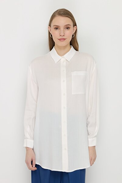 Nihan Gömlek Yaka Tencel Basic Tencel Karışım Tunik Ekru