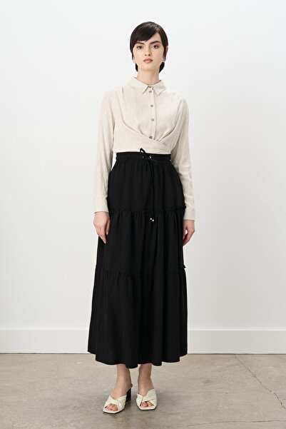 Nihan Beli Lastikli Çingene Viskon Etek Siyah