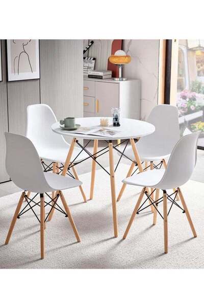 Taimi 5-Piece Compact Mid-Century Modern Dining Set | Round White Table 80x80x72cm with 4-White Chairs
